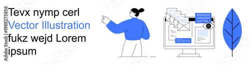 Digital workflows, correspondence, tech interfaces, business strategy, online management, teamwork. Woman pointing with digital monitor, emails leaf icon. Digital workflows and correspondence