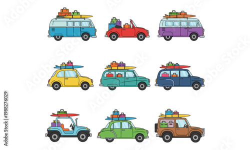 Vintage travel car set with luggage and surfboards isolated