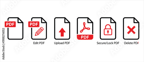 Minimalist PDF document icon set, red and black file management symbols, 6 vector elements for editing uploading and securing digital files