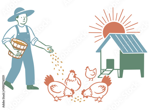 Minimalist vector illustration of a farmer feeding chickens near a coop at sunrise. Modern line art style in earthy tones of terracotta, sage green, and slate blue for organic farming themes.