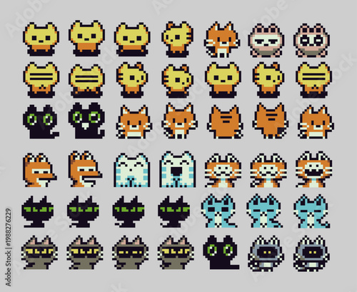 Cute pixel art cat character set in retro 8-bit style featuring multiple poses, colors and expressions, different breeds and moods, ideal for game assets, UI icons, animations and indie game design.