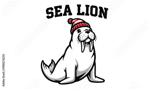 Sea lion walrus mascot wearing red winter hat logo illustration