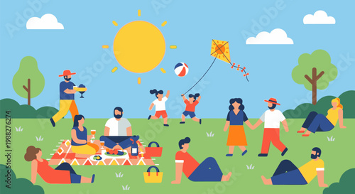 People enjoy a lively outdoor picnic with kite flying in a sunny park