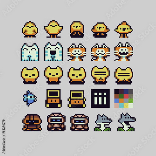 Cute pixel art character set featuring small animals and creatures in retro 8-bit style, cats, birds, robots and fantasy figures with expressions, ideal for game design, UI icons and indie projects.