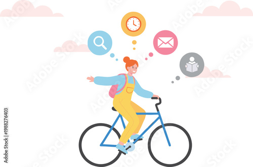 Dynamic vector illustration of person cycling with icons for search, time, email, and learning in cheerful background