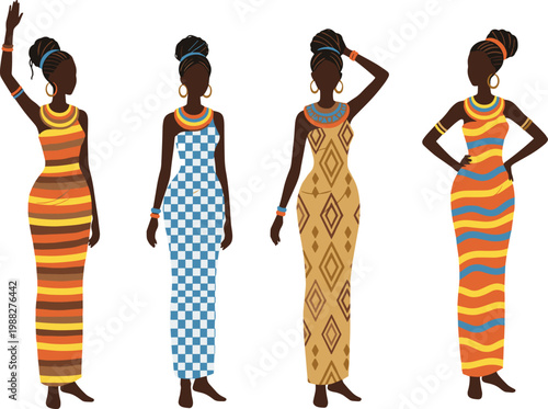 Elegant vector illustration of four women in colorful patterned dresses with jewelry showcasing cultural fashion and style