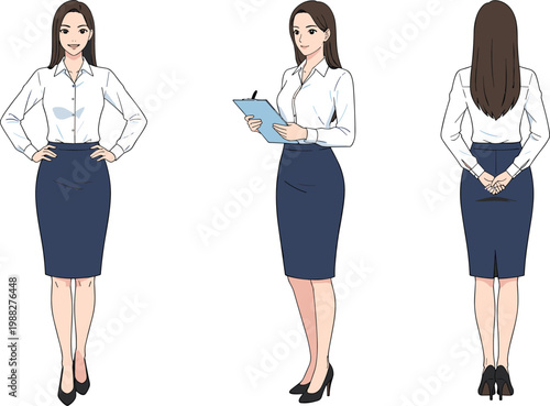 Elegant vector illustration of professional woman in white shirt and blue skirt shown from front, side, and back views