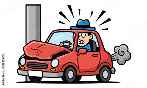 Red car crashing into pole with shocked driver cartoon illustration