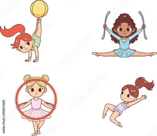 Playful vector illustration of four cartoon gymnasts performing rhythmic gymnastics poses with ball, ribbons, hoop, and leap