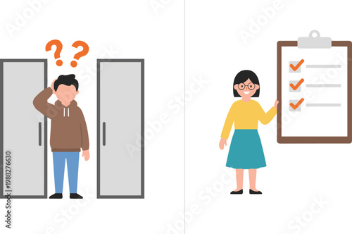 Vector illustration contrasting indecision with organization showing confused person at doors and checklist completion on clipboard