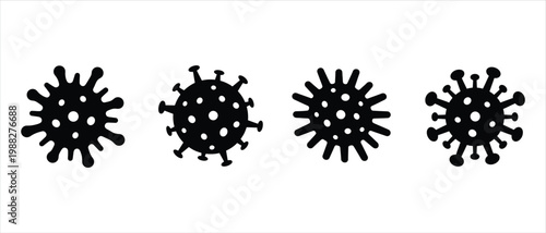 Black virus silhouette icons set, 4 coronavirus vector elements, microscopic bacteria and germ cell symbols for medical infographics and healthcare design