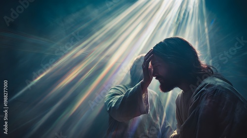 prompt Jesus healed and restored sight to the blind as radiant light bursts softly from the moment Jesus touches the man’s eyes, the environment minimal and symbolic with faint abstract shapes suggest