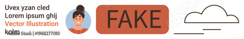 Misinformation, identity recognition, social media, content verification, false information, communication. Woman avatar with fake label and abstract cloud icon. Misinformation and identity