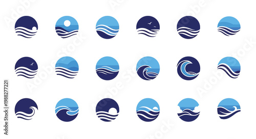 Dynamic blue wave icons in circular frames showcasing fluid motion and minimalist design for modern branding and graphic use