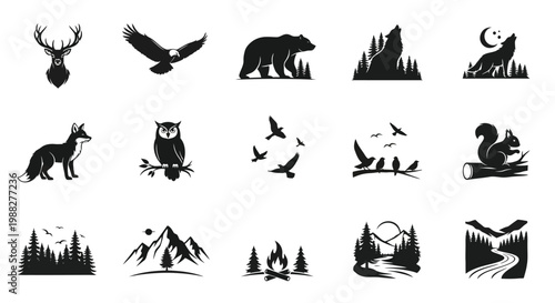 Wildlife themed vector icons featuring silhouettes of deer eagle bear wolf owl birds squirrel and scenic mountains in a minimalist black and white design style