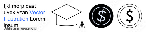 Financial education, college savings, investment strategies, tuition planning, student loans, money management. Graduation cap and dollar icons. Financial education and college savings concept
