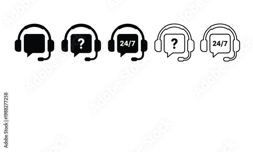 Customer Support Headset Icons with 24/7 and Question Mark Symbols