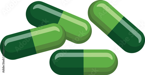 Vector illustration of green capsules and pills symbolizing medicine, healthcare, supplements, and pharmaceutical wellness concept