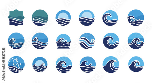 Dynamic wave icons in blue and white gradients curved shapes and fluid motions for design and branding