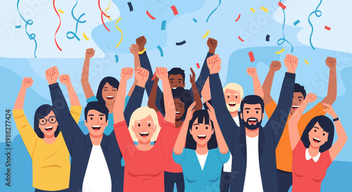 A diverse group of happy people celebrating success with arms raised and confetti falling, symbolizing triumph and achievement.