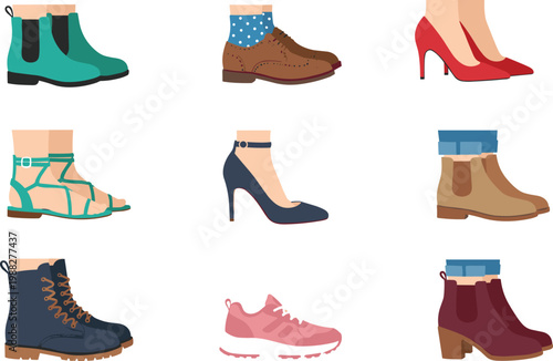 Vector illustration of nine different footwear styles including boots, heels, sandals, sneakers, and oxfords in grid layout