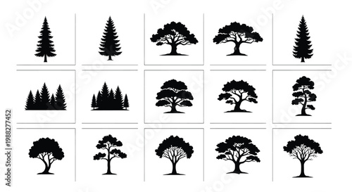 Black minimalist silhouettes of diverse trees and conifers in a clean modern grid layout for design use