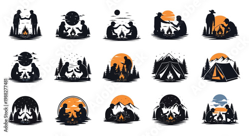 Minimalist vector illustration set featuring camping and hiking scenes in nature with tents mountains stars and orange black color palette