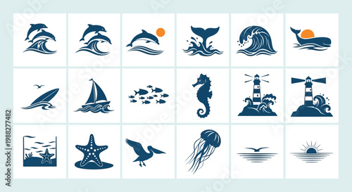 Marine themed icon set featuring stylized dolphins whales waves ships lighthouses seahorses and sunset symbols in bold blue tones