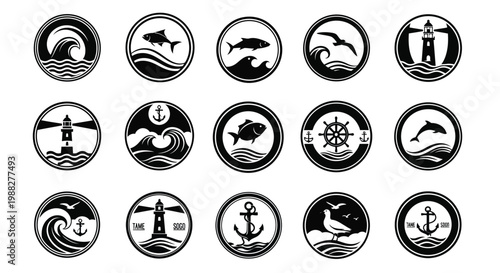 Tableau sur toile Circular nautical icons depicting ocean waves dolphins anchors ships lighthouses