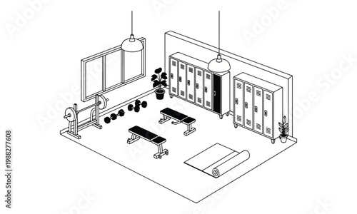 Isometric Gym Locker Room Interior with Fitness Equipment Line Art