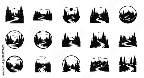 Monochrome mountain landscape icons with winding paths trees and circular frames minimalist design for nature themed projects