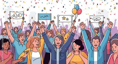 A diverse crowd of people celebrating with arms raised, confetti falling, and banners, depicting a moment of triumph and joy.