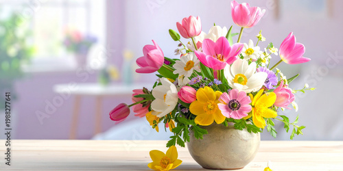 Floral Fantasy: A vivid arrangement of fresh flowers, showcasing an array of vibrant colors, blooms, and textures, creating a sense of natural beauty and elegance.