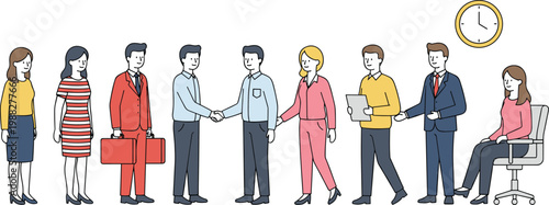Vector illustration of professional business meeting with people in suits networking, shaking hands, and discussing documents