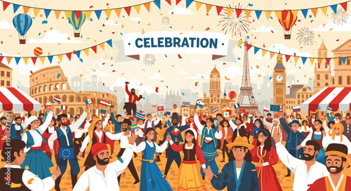 Schilderij op canvas Diverse crowd of people from around the world celebrating together in a festive street fair with famous global landmarks and confetti