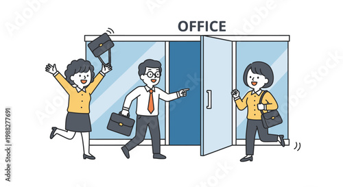 People exiting office building with business attire and briefcases happily