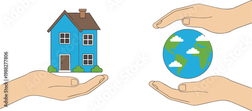 Vector illustration of hands protecting a blue house and the Earth symbolizing care, safety, and environmental responsibility