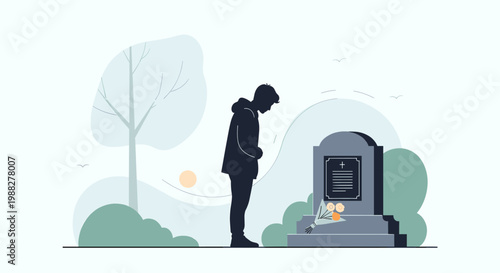 A person in silhouette bows their head in solemn remembrance before a gravestone in a serene cemetery setting.