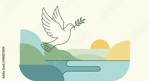 A white dove carrying an olive branch flies over a serene landscape with rolling hills and calm water at sunset.