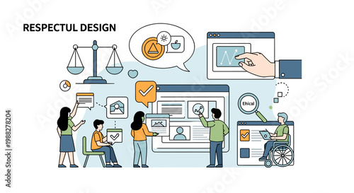 Bild auf Leinwand Illustration depicting respectful design principles with diverse individuals collaborating on accessible digital interfaces