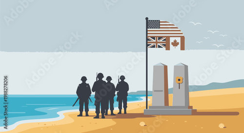Soldiers standing on a beach with flags and memorial monuments