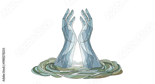 Two crystalline hands emerge from swirling water, symbolizing creation or emergence from a fluid state.