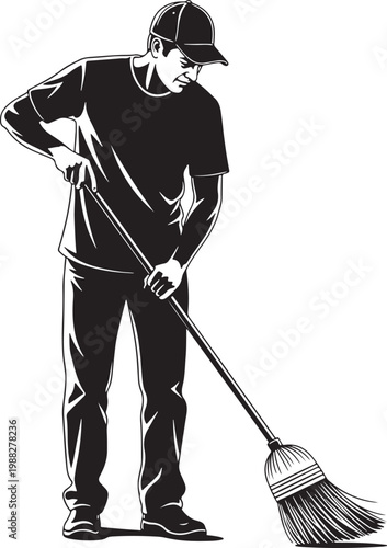Vintage woodcut janitor sweeping with broom vector, retro cleaning service worker illustration, black and white man sweeping floor icon