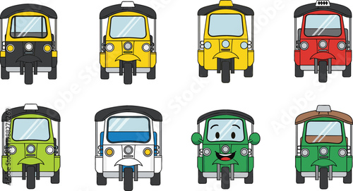 Colorful Auto Rickshaw Front View Icon Set with Cartoon Tuk Tuk Vehicles for Urban Transport, Travel, Delivery, and Mobility Design