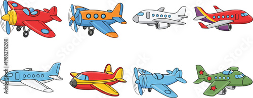 Airplane Cartoon Collection with Passenger Jets and Vintage Aircraft for Aviation, Travel, Transport, and Kids Design