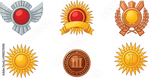 Vector illustration of six decorative medals and badges with laurel wreaths, Roman numerals, wings, stars, and ribbons