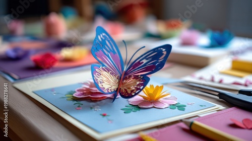 A handmade paper butterfly resting on a handmade greeting card, surrounded by other papercrafts, on a craft table.