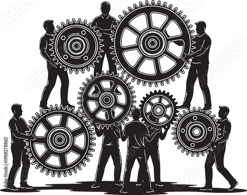 Industrial teamwork concept with workers moving gears, black and white vector of people collaborating on machinery, business synergy and mechanical process