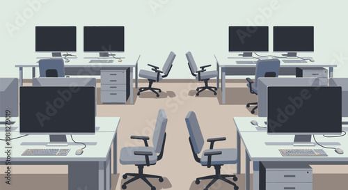 An office interior with many computer desks and chairs arranged symmetrically