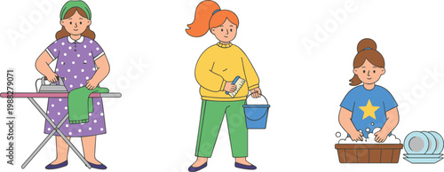 Vector illustration of three people performing household chores including ironing, cleaning, and washing dishes in everyday setting